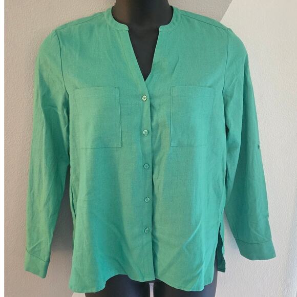 Nine West linen blend roll tab button down blouse S - Picture 1 of 8